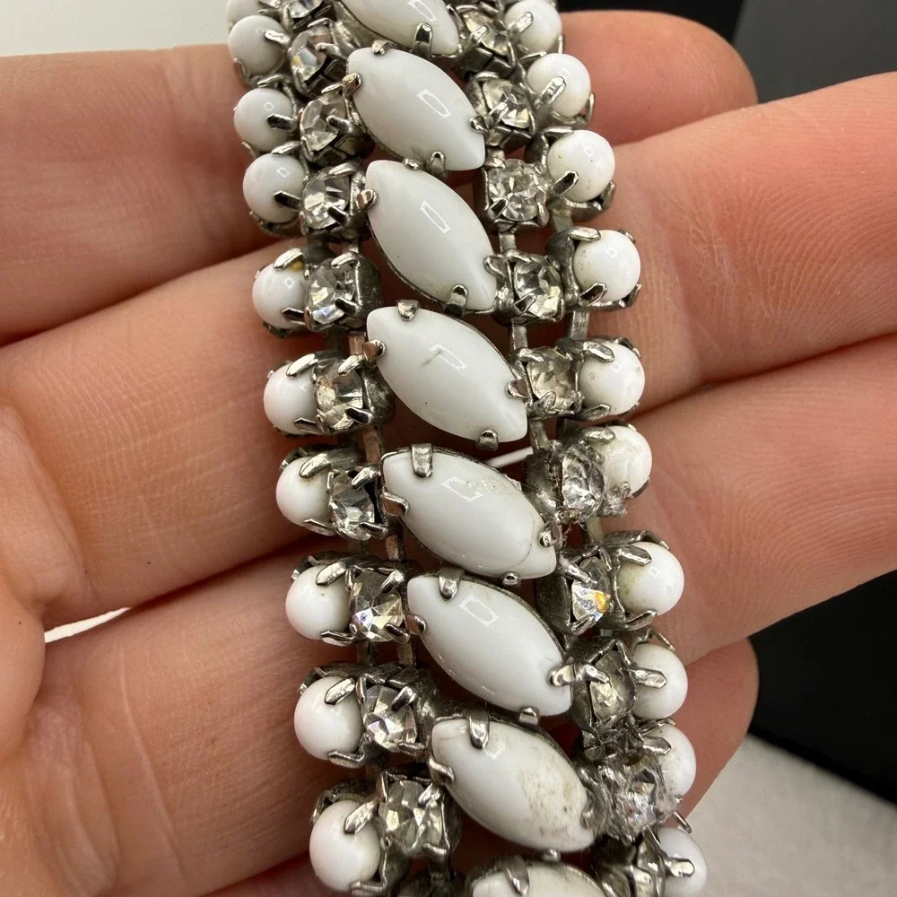 Vintage Bracelet White Milk Glass Rhinestone Silver Tone Art Deco Style 7in